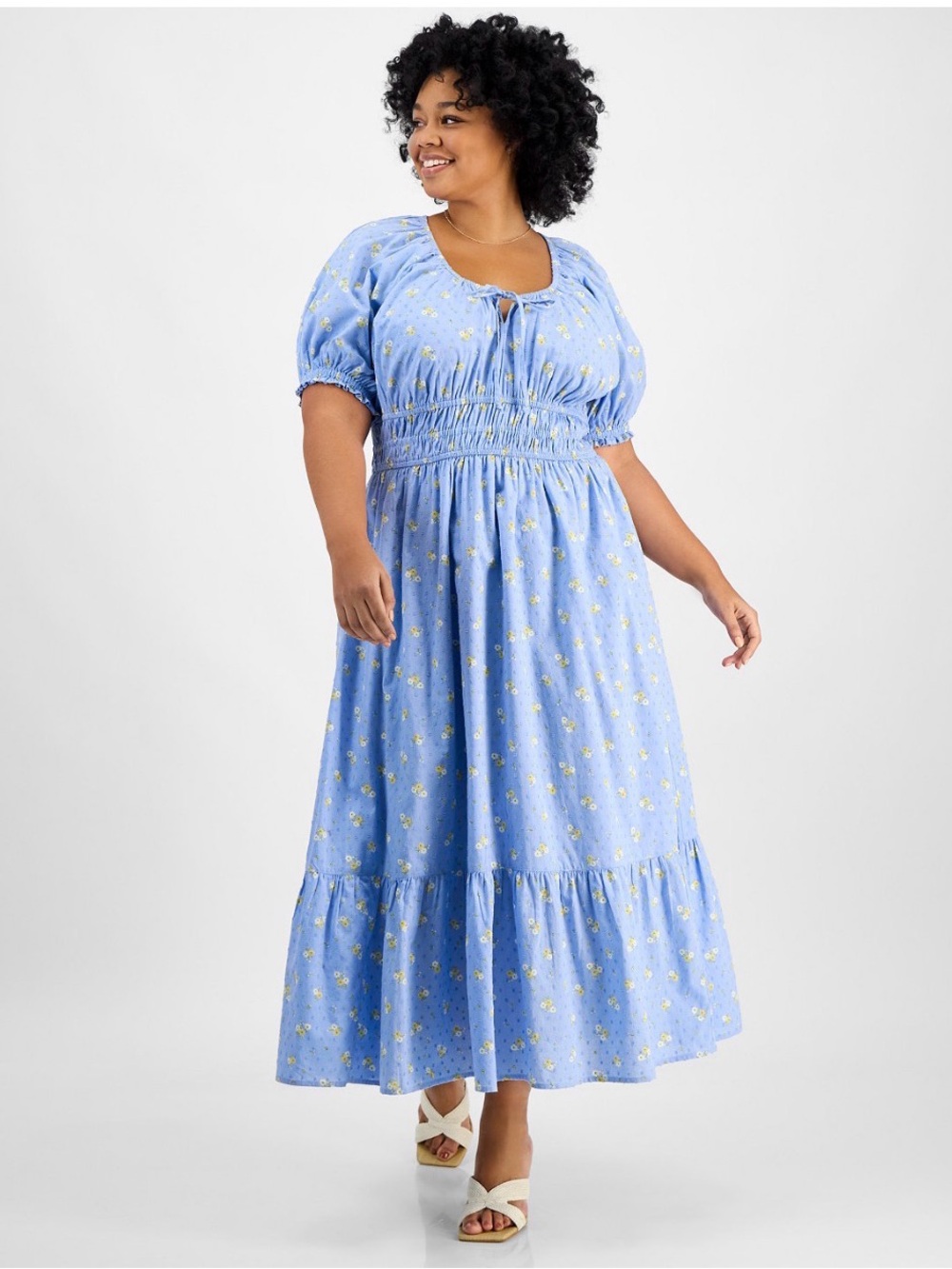 And Now This Blue Floral Midi Dress Tiered Puff Sleeve 2X Milkmaid Coquette NEW
